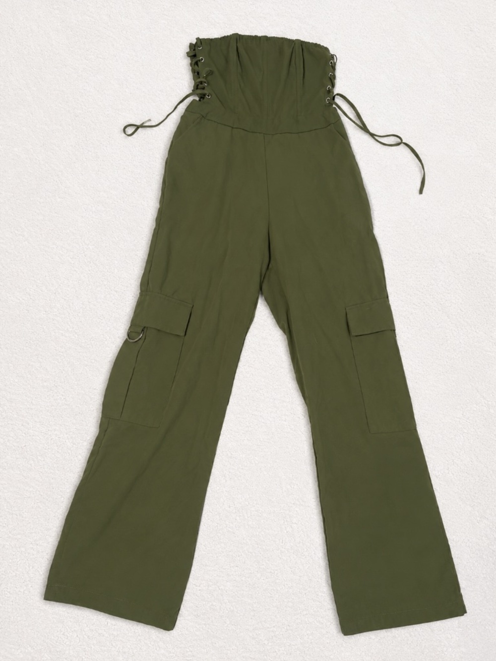 Olive Green Lace Up High Waist Cargo Pants Wide Leg